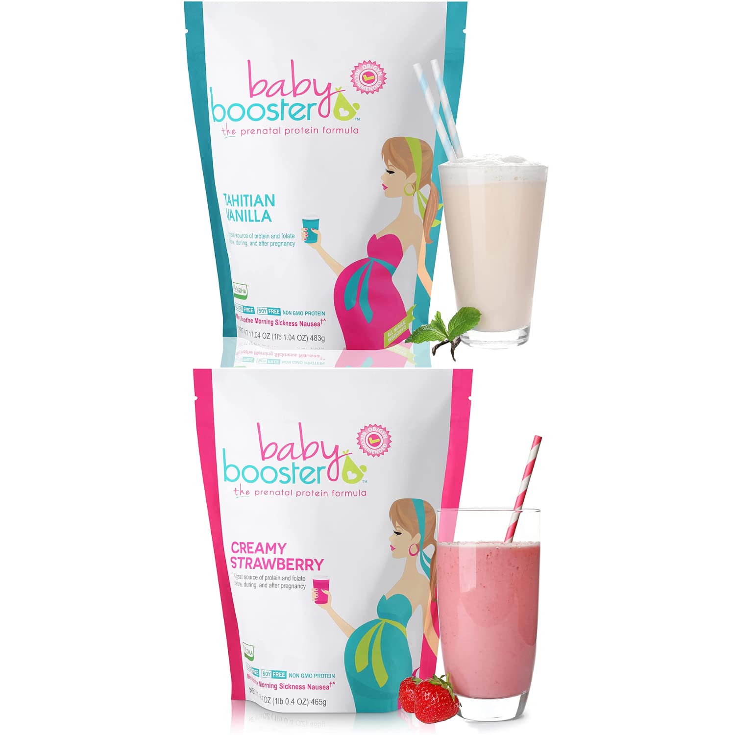 Baby Booster Prenatal Vitamin Supplement Shakes, Tahitian Vanilla and Strawberry Baby Booster