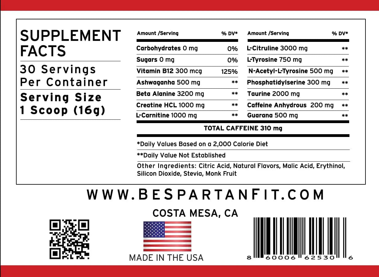 Spartan Fit Nutrition Pre-Workout Powder -Berry Flavor with Full Serving of Creatine +310mg Generic