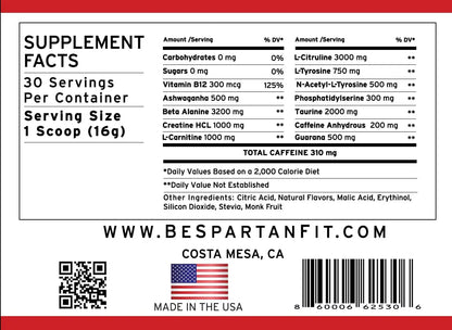 Spartan Fit Nutrition Pre-Workout Powder -Berry Flavor with Full Serving of Creatine +310mg Generic