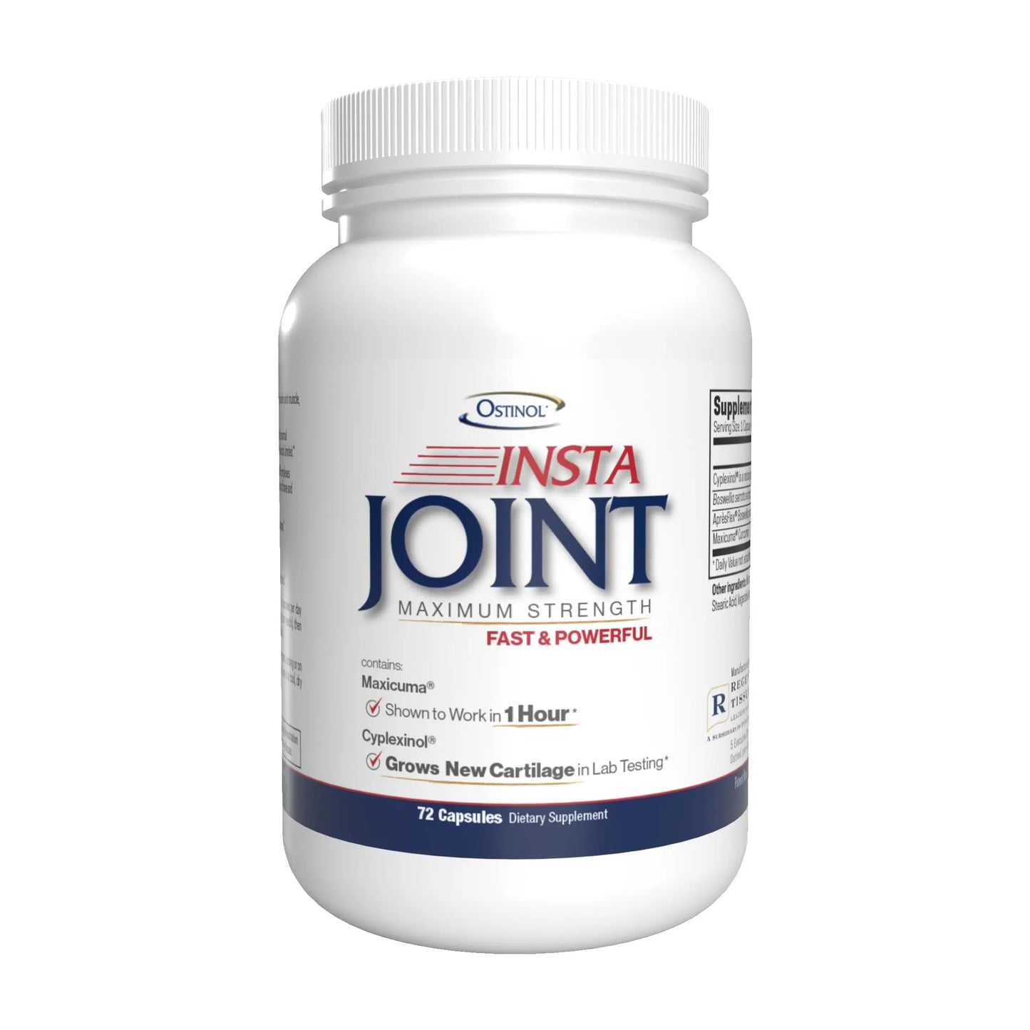 White supplement bottle labeled 'Insta Joint Maximum Strength' on a white background