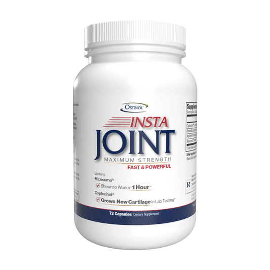 White supplement bottle labeled 'Insta Joint Maximum Strength' on a white background