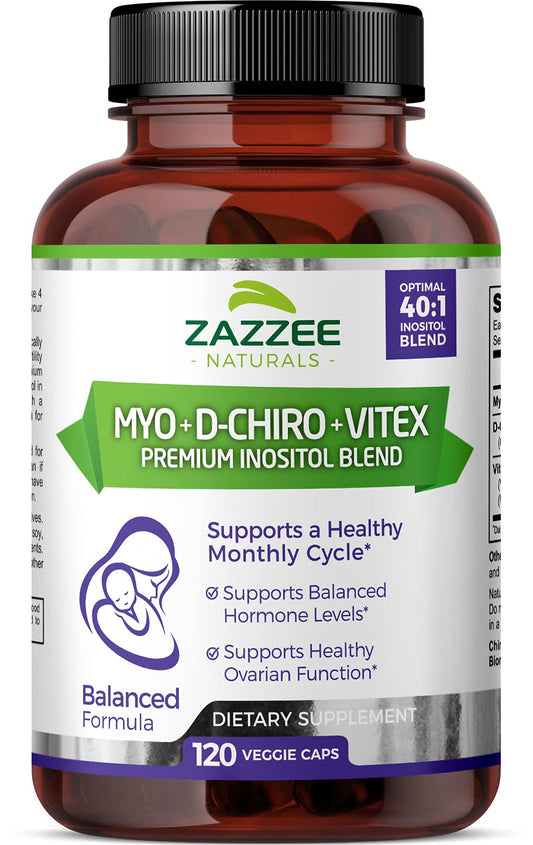 Zazzee Myo-Inositol + D-Chiro + Vitex, 120 Vegan Capsules, Optimal 40:1 Inositol Ratio, with 500 mg Vitex Zazzee