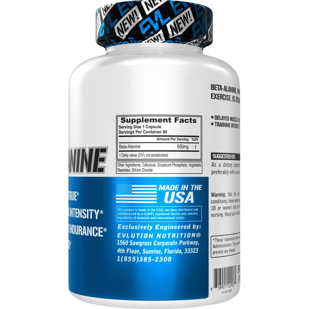 Evlution Nutrition Beta-Alanine Capsules - Enhance Training Intensity - 60 Count Beta-Alanine Supplement for Men & Women - Delay Muscle Fatigue, Boost Endurance, Amplify Strength
