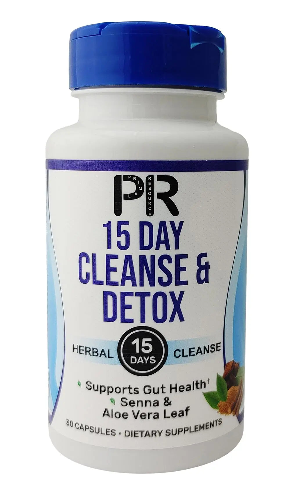 Supplement bottle labeled '15 Day Cleanse & Detox' with blue cap on a white background