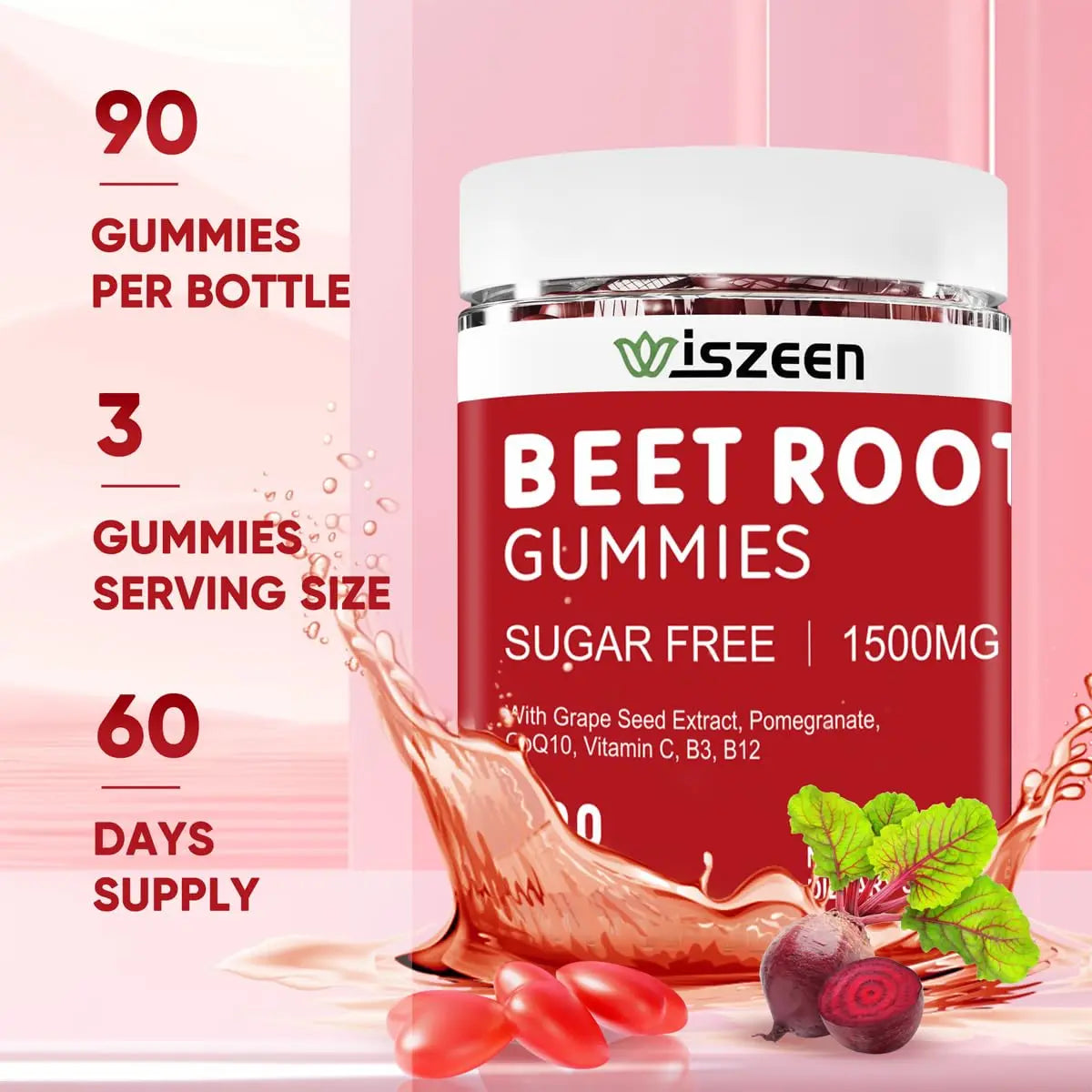 Wiszeen Beet Root Gummies - 60 Servings - Beets Gummies Beet Chews Nitric Oxide Wiszeen
