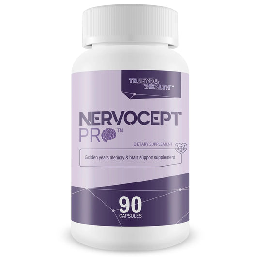 Supplement bottle labeled 'Nervocept Pro' with purple and white design on a white background