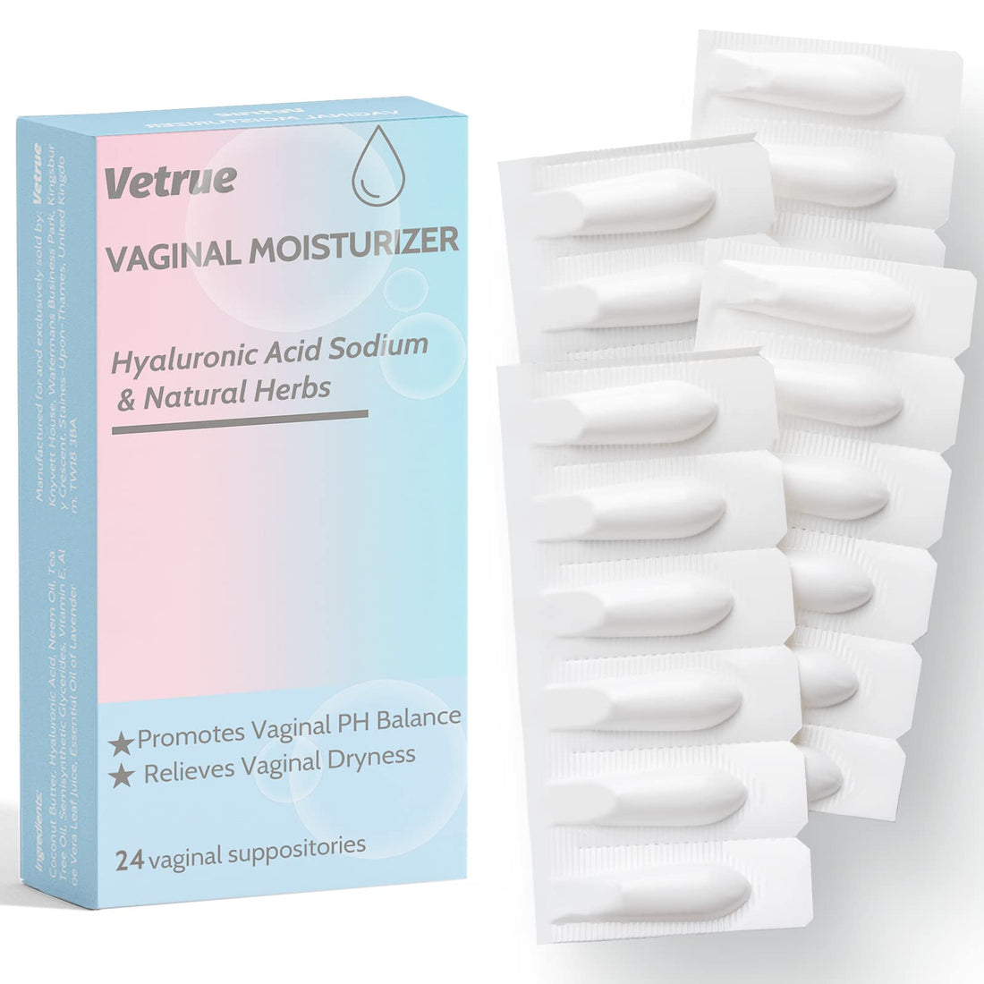 Intimate Moisturizer, Vaginal Suppository for Dryness & Discomfort, Feminine Long Lasting Hydration Support with Hyaluronic Acid and Natural Herbs - PH Balance, Estrogen and Drug Free (24 Inserts) vetrueBuy Supplements Australia