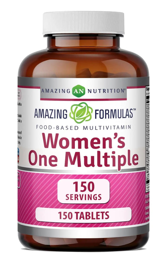 Multivitamin bottle labeled 'Women's One Multiple' by Amazing Formulas on a white background