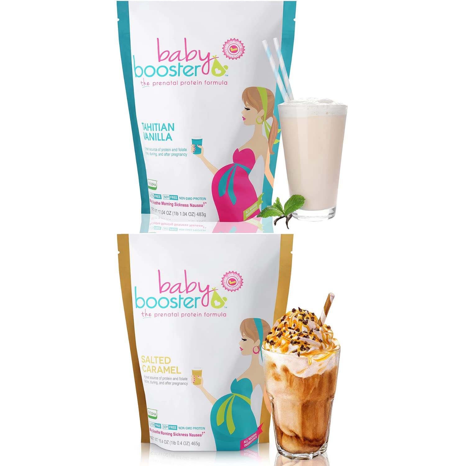 Baby Booster Prenatal Vitamin Supplement Shakes, Tahitian Vanilla and Salted Carmel Baby Booster