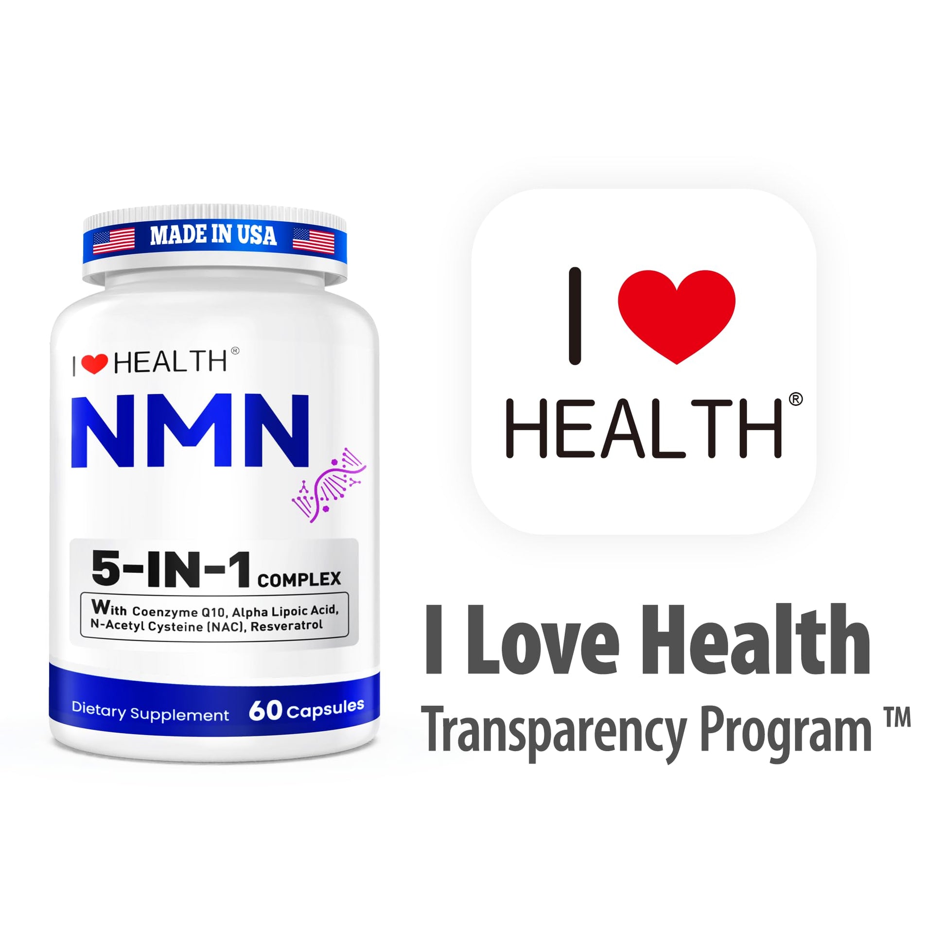 I LOVE HEALTH NMN Supplement, 5-in-1 Complex with NAC, Alpha Lipoic Acid, CoQ10 & Resveratrol - High Absorption Anti Aging Formula - Third Party Tested, cGMP, Gluten Free - 60 Capsules I LOVE HEALTHBuy Supplements Australia