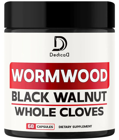 Supplement container labeled 'Wormwood, Black Walnut, Whole Cloves' by DedicaD on a white background.