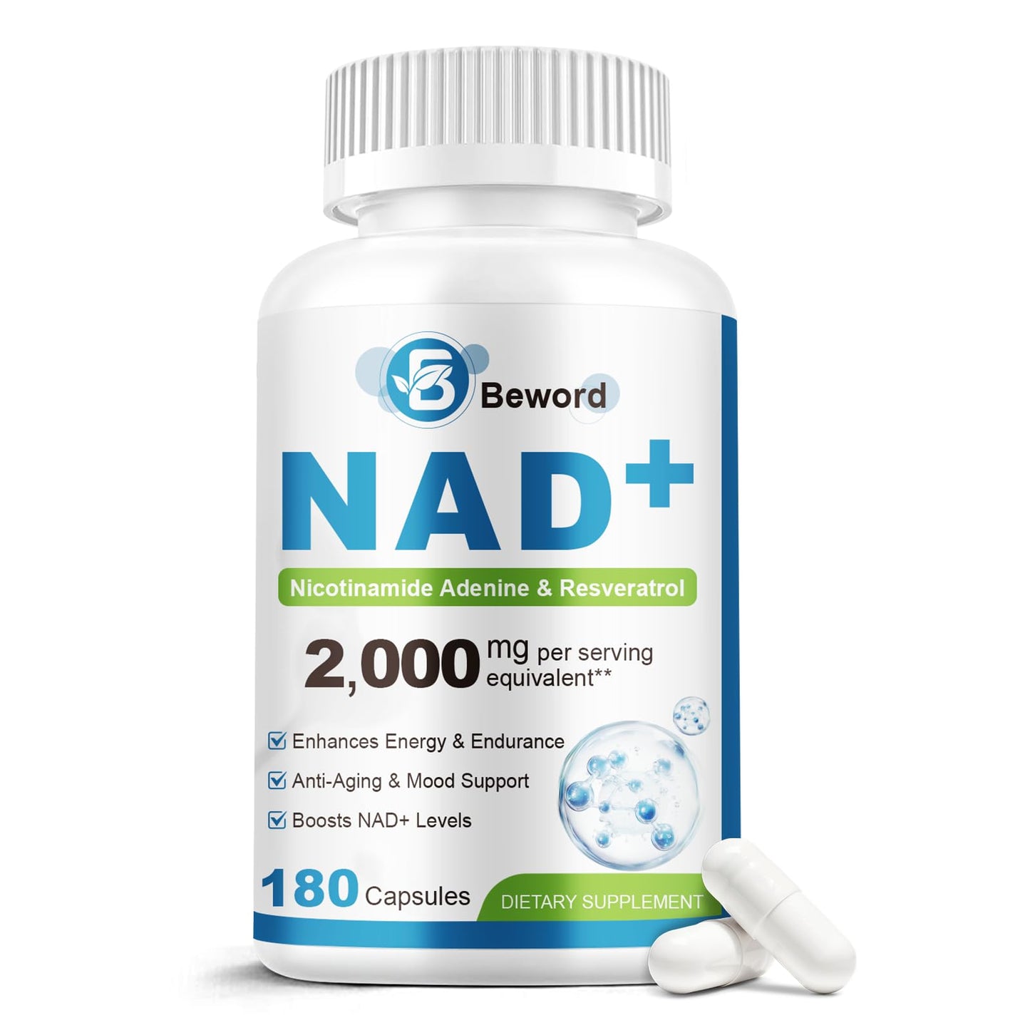 Beward NAD+ supplement bottle with capsules on a white background