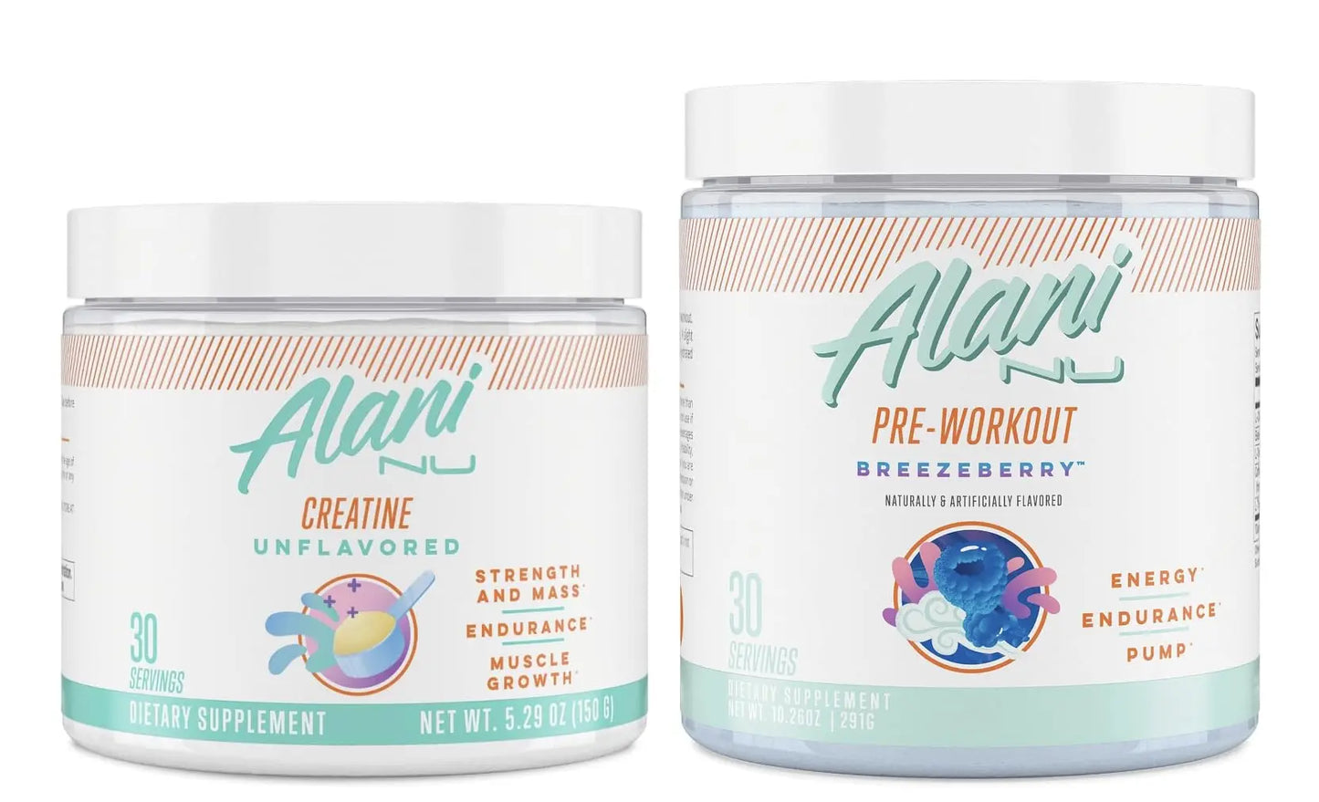 Alani Nu Creatine Monohydrate Powder and Pre Workout Breezeberry Powder Bundle Alani Nu