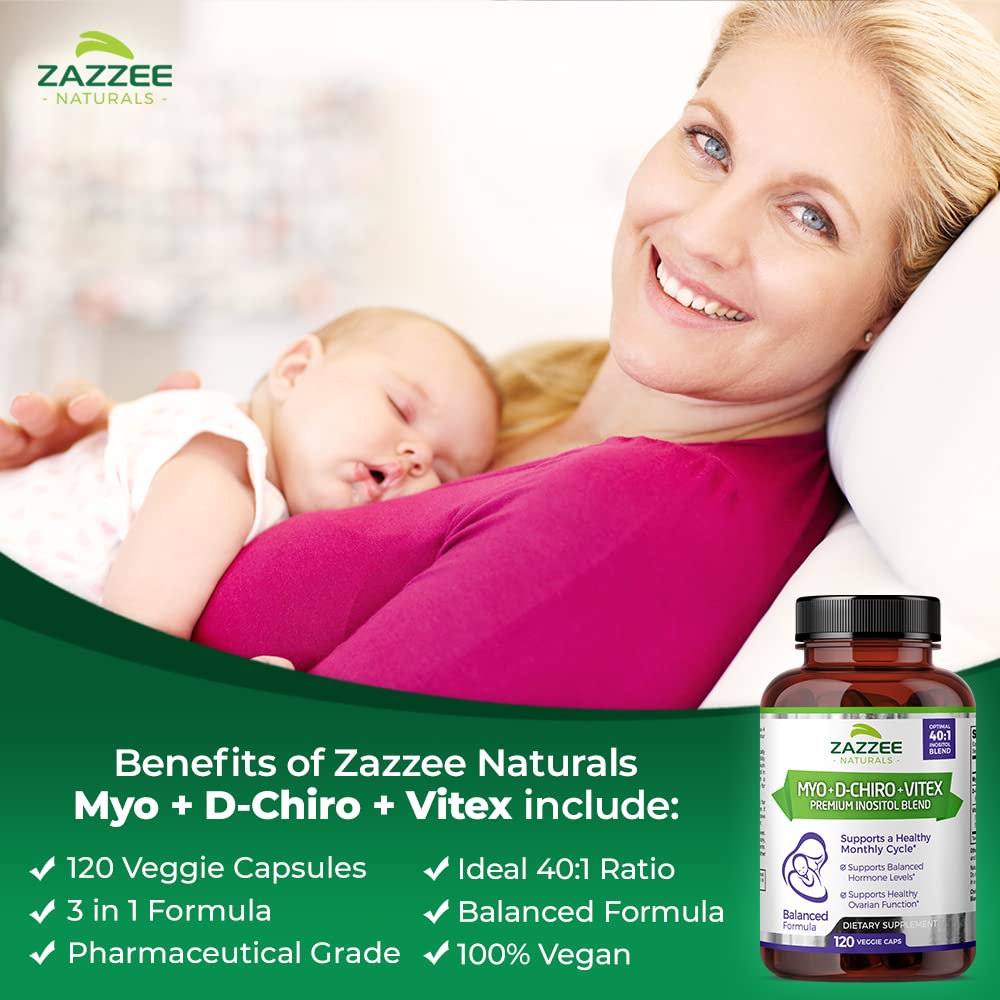 Zazzee Myo-Inositol + D-Chiro + Vitex, 120 Vegan Capsules, Optimal 40:1 Inositol Ratio, with 500 mg Vitex Zazzee