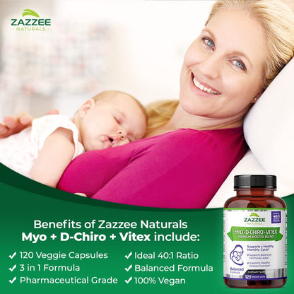 Zazzee Myo-Inositol + D-Chiro + Vitex, 120 Vegan Capsules, Optimal 40:1 Inositol Ratio, with 500 mg Vitex Zazzee