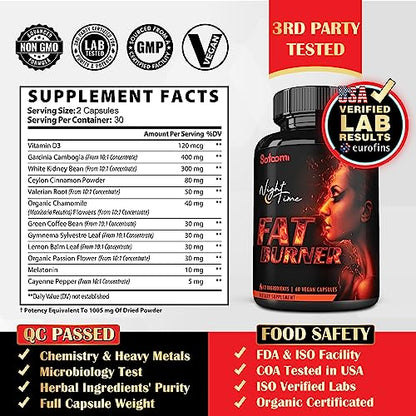 12in1 Night Time Fat Burner for Women - VitaminD.3, Garcinia Cambogia, White Kidney Bean Satoomi