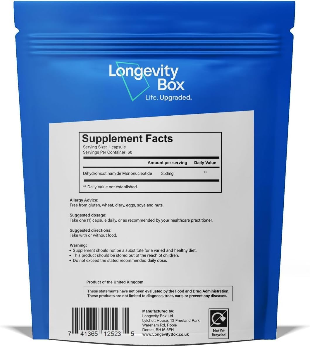 Longevity Box NMNH NMN Alternativen 250mg - 5X More Potent Dihydronicotinamide Mononucleotide NAD+ Booster for Peak Cellular Energy, DNA Repair & Healthy Aging - 60 Advanced Capsules Longevity BoxBuy Supplements Australia