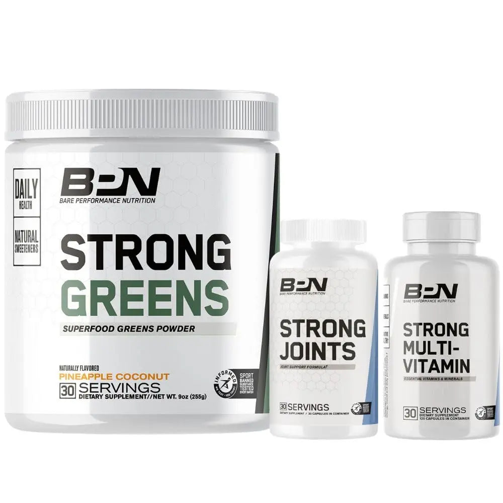 Three supplement containers from Bare Performance Nutrition on a white background