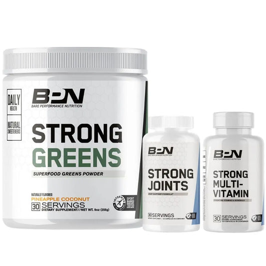 Three supplement containers from Bare Performance Nutrition on a white background
