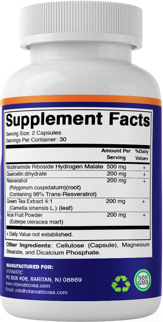 Vitamatic NAD Nicotinamide Riboside Supplement 1300mg 60 Ct - Support Healthy Aging, Cellular Energy Production, Made with Riboside, Quercetin, Resveratrol, Green Tea, & Acai Powder VitamaticBuy Supplements Australia