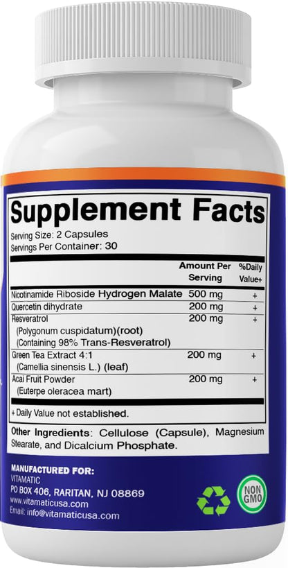 Vitamatic NAD Nicotinamide Riboside Supplement 1300mg 60 Ct - Support Healthy Aging, Cellular Energy Production, Made with Riboside, Quercetin, Resveratrol, Green Tea, & Acai Powder VitamaticBuy Supplements Australia