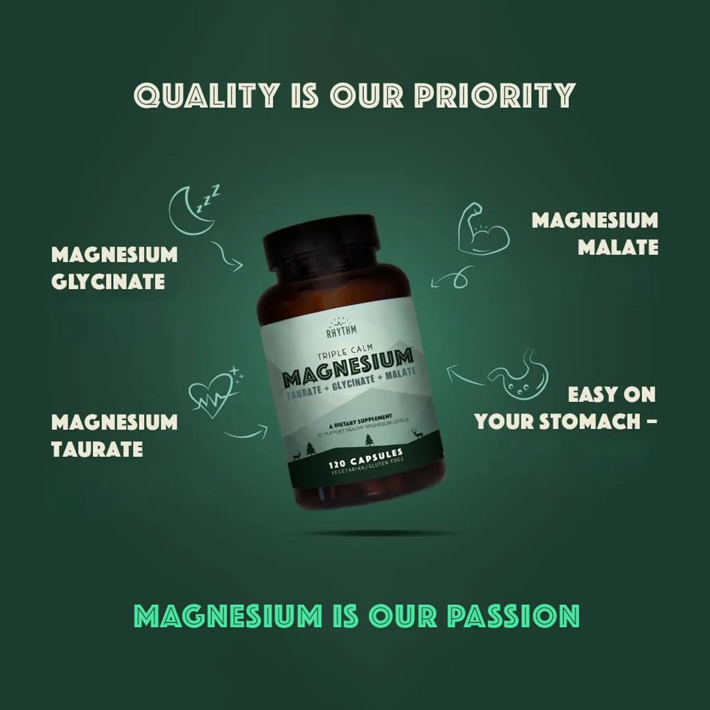 Natural Rhythm Triple Calm Magnesium Complex - 120 Capsules, Chelated Magnesium Glycinate, Taurate & Malate, High Absorption Supplement for Sleep, Stress, Muscle & Heart Support, Non-GMO, Vegan Natural Rhythm buy supplements Au