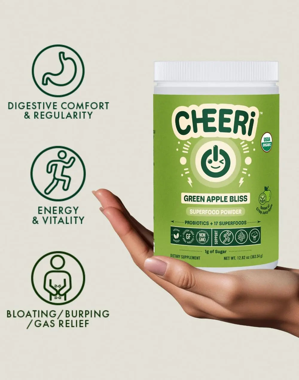 Cheerific Crisp Apple Greens Superfood Powder - 20+ Organic Superfoods + Prebiotic & Probiotics + More - Keto Friendly - Supports Positive Mood, Gut Health - Vegan, Gluten Free, Non-GMO - 30 Day Cheerific buy supplements Au