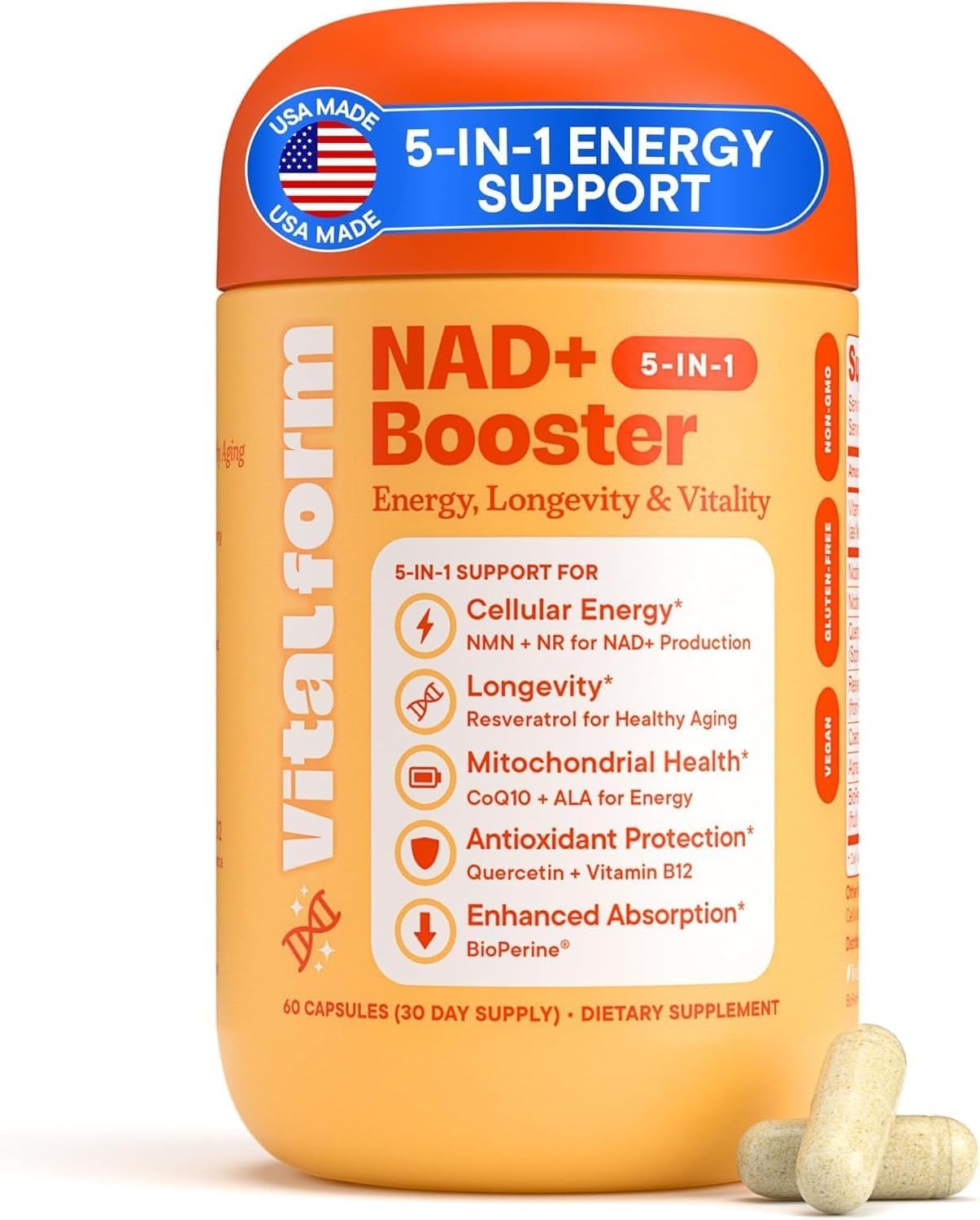 VitalForm NAD+ Supplement with NMN & Nicotinamide Riboside (NR) – Advanced Cellular Energy & Healthy Aging Complex – with Resveratrol, CoQ10, Quercetin & BioPerine – 60 Vegan Capsules VitalFormBuy Supplements Australia