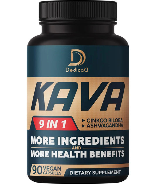Supplement bottle labeled 'KAVA' with branding on a white background