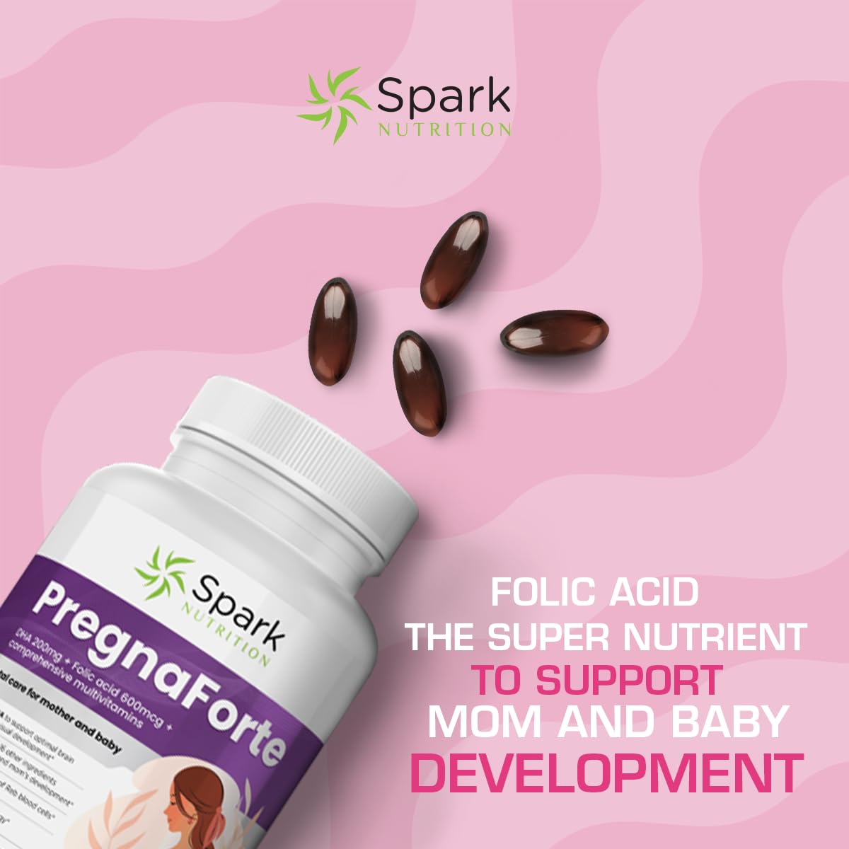 Pregnaforte Prenatal Multivitamin 60 days: Folic acid, Omega-3 DHA/EPA, Vitamins A, B6, B12, C, D3, E Spark Nutrition