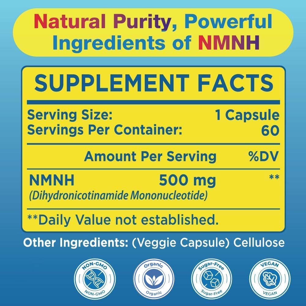 NMNH (NMN Supplement Alternative) NAD Supplements for Anti Aging, Energy, Immune, Focus (Dihydronicotinamide Mononucleotide) 500mg, to Boost NAD+ Levels As We Age, Pure Organic - 60 Capsules BeyyolyBuy Supplements Australia