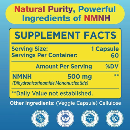 NMNH (NMN Supplement Alternative) NAD Supplements for Anti Aging, Energy, Immune, Focus (Dihydronicotinamide Mononucleotide) 500mg, to Boost NAD+ Levels As We Age, Pure Organic - 60 Capsules BeyyolyBuy Supplements Australia