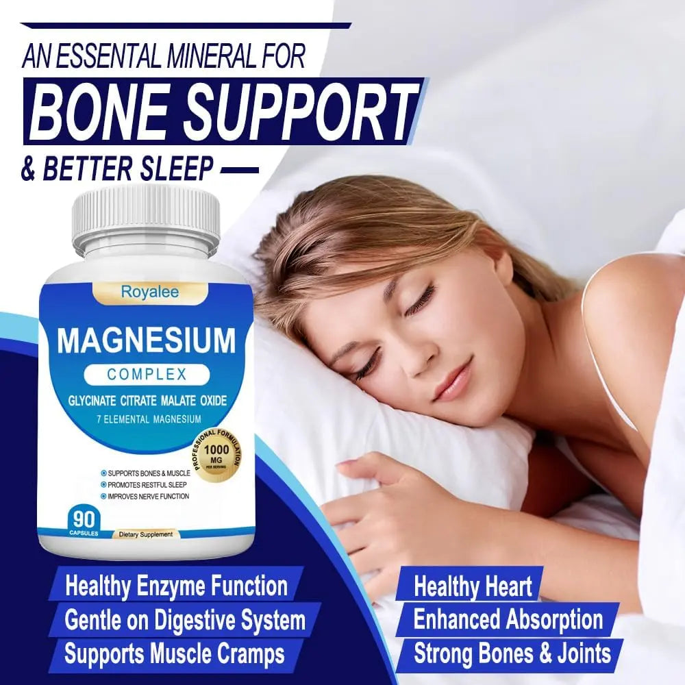 Magnesium Complex Supplement - 1000mg with 7 Magnesium Forms Including Glycinate, Citrate, Malate, Taurate & Orotate - Supports Relaxation, Muscle Function & Bone Strength - 90 Capsules Royalee buy supplements Au