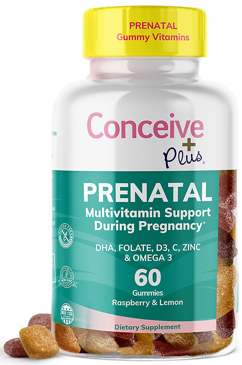 CONCEIVE PLUS Prenatal Gummies - DHA, Folic Acid, Vitamin D3, C, Zinc, and Omega 3, Natural Lemon CONCEIVE PLUS