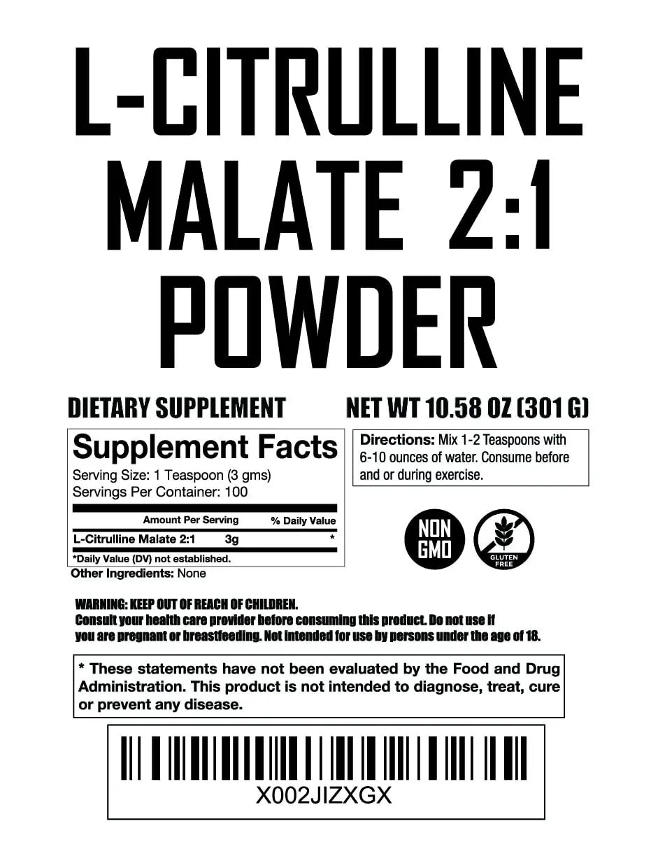 L Citrulline Malate 2 1 Powder 300 Grams - Bulk L Citrulline Powder - Free Form Amino Fit Lane Nutrition