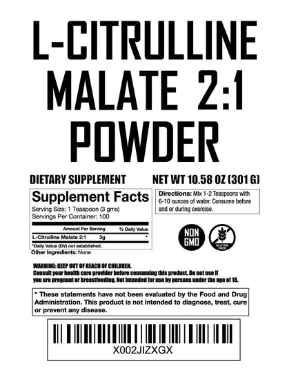 L Citrulline Malate 2 1 Powder 300 Grams - Bulk L Citrulline Powder - Free Form Amino Fit Lane Nutrition