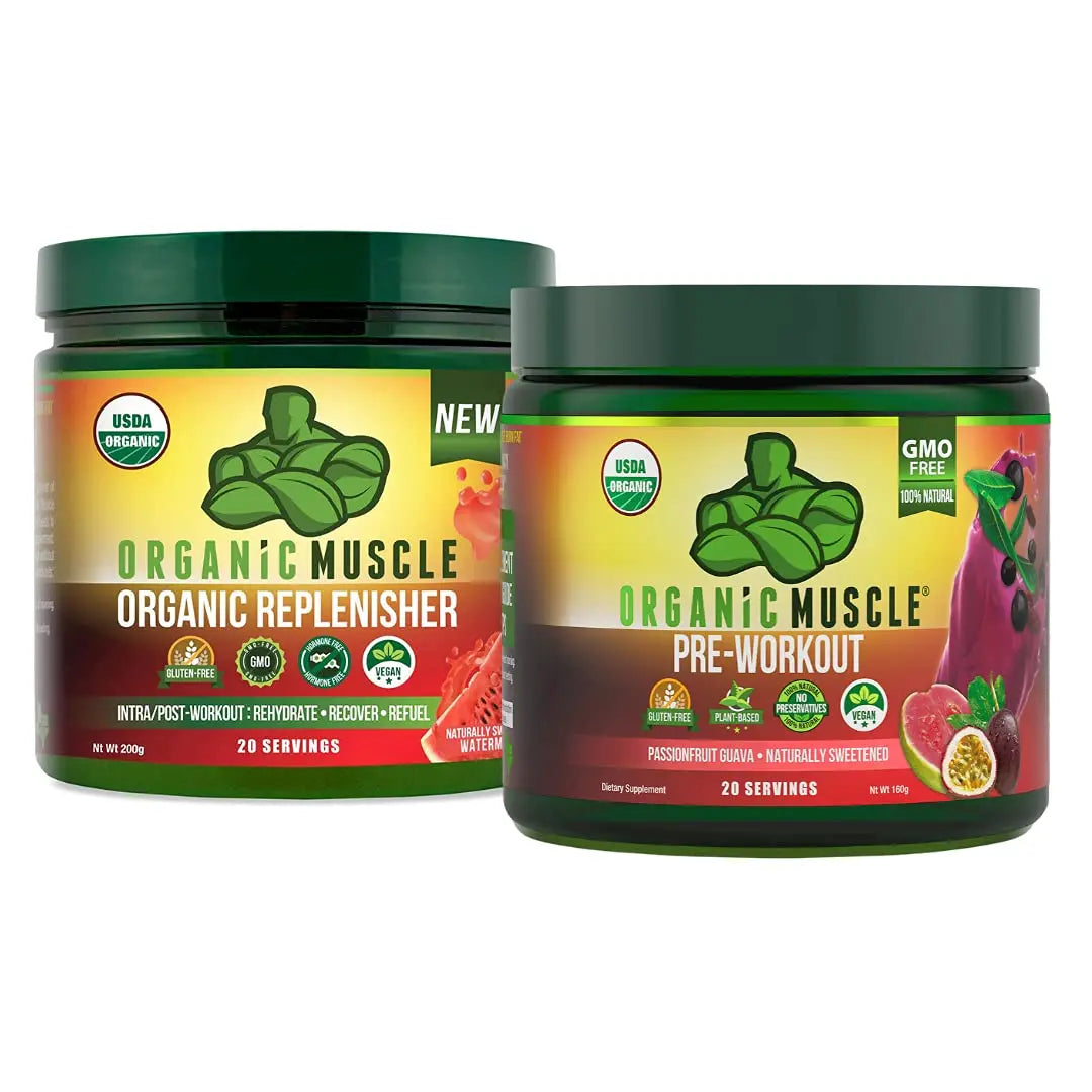 Organic Muscle Bundle - Pre-Workout Powder for Energy (Passionfruit Guava) + Replenisher Organic Muscle