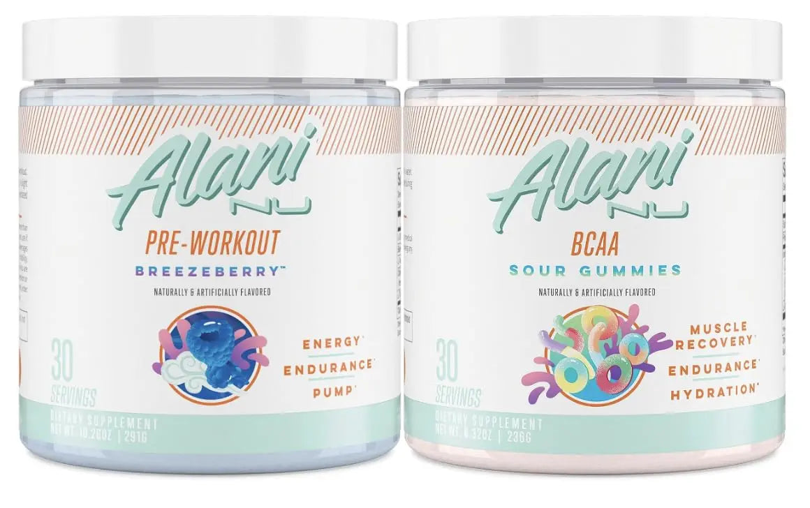 Alani Nu Breezeberry Pre Workout and BCAA Sour Gummies Post Workout Powder Bundle Alani Nu
