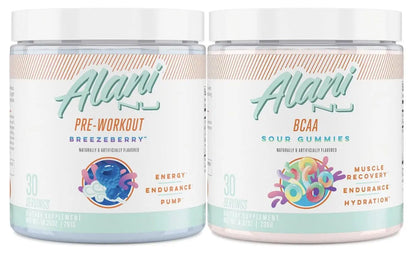 Alani Nu Breezeberry Pre Workout and BCAA Sour Gummies Post Workout Powder Bundle Alani Nu
