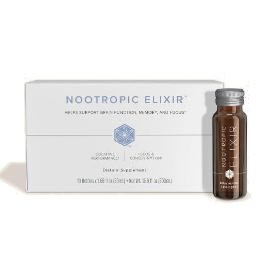 Nootropic Elixir supplement bottle and packaging on a white background