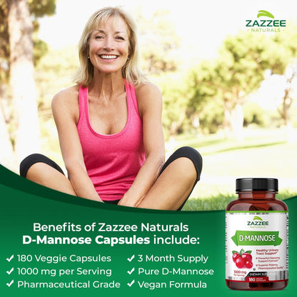 Zazzee D-Mannose, 1000 mg per Serving, 180 Vegan Capsules, 3 Month Supply, Potent Zazzee