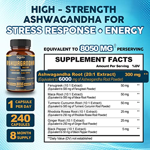 240 Capsules - 8 Month Supply - 7in1 Ashwagandha 8050mg - Combined With Fenugreek agobi
