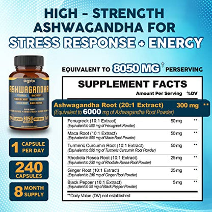 240 Capsules - 8 Month Supply - 7in1 Ashwagandha 8050mg - Combined With Fenugreek agobi