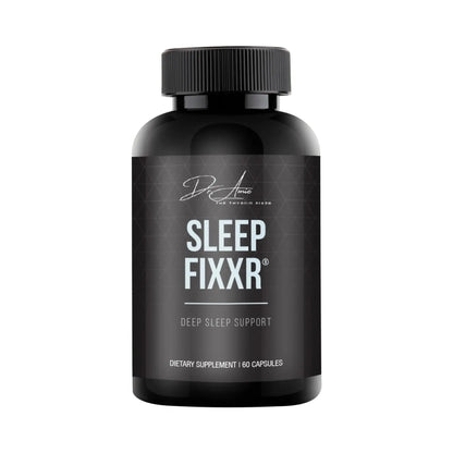 Black bottle of Sleep Fixxr dietary supplement on a white background