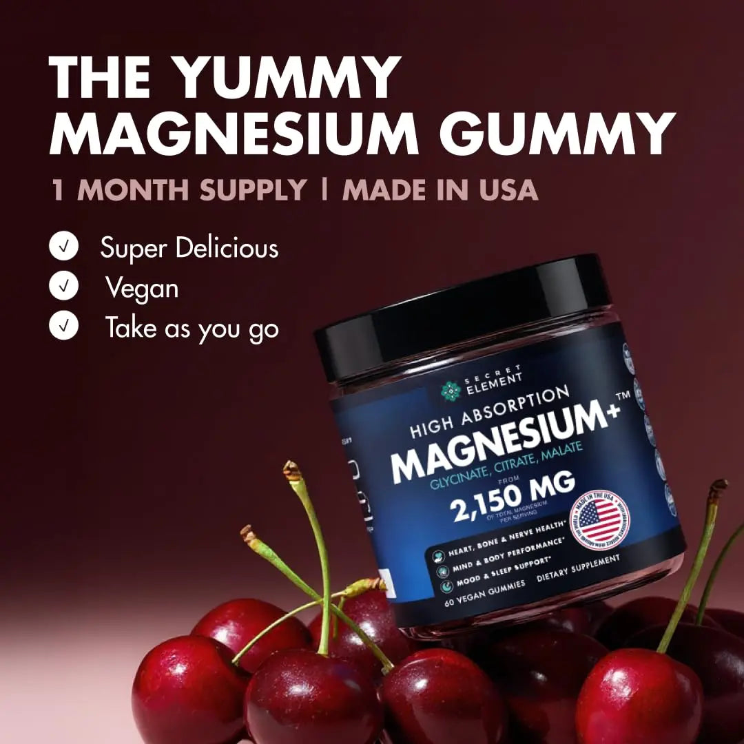 Magnesium Gummies 3in1 - Glycinate, Citrat, Malate 2150 MG High Absorption Supplement, Sugar-Free, Vegan, Chews for Men & Women, Inspired by Wellness Traditions Like Arjuna, 60 Gummies, Cherry Flavor Secret Element buy supplements Au
