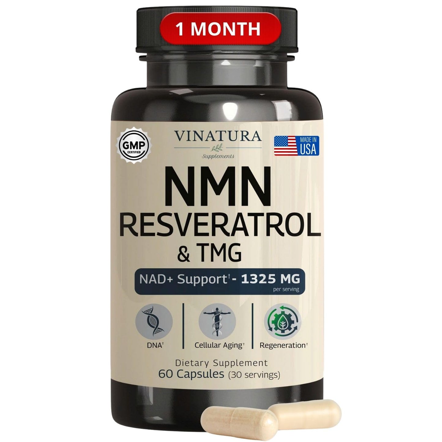 VINATURA NMN Complex Supplement 1325MG - NMN 1000mg with Resveratrol and TMG, Support NAD+, 60 Capsules VINATURABuy Supplements Australia