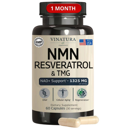 VINATURA NMN Complex Supplement 1325MG - NMN 1000mg with Resveratrol and TMG, Support NAD+, 60 Capsules VINATURABuy Supplements Australia