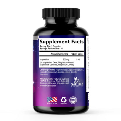 Magnesium Complex Supplement - Magnesium 500 mg Per Serving - 4 in 1 High Absorption Blend - 100% Chelated Magnesium Glycinate with Malate, Citrate & Oxide - Vegan Complex - USA Bottled - 60 Capsules Nature's Nutrition buy supplements Au