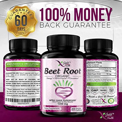 Organic Beet Root Powder 1350mg 200 Veggie caps Superfood Nitric Oxide Strongest X Gold Health