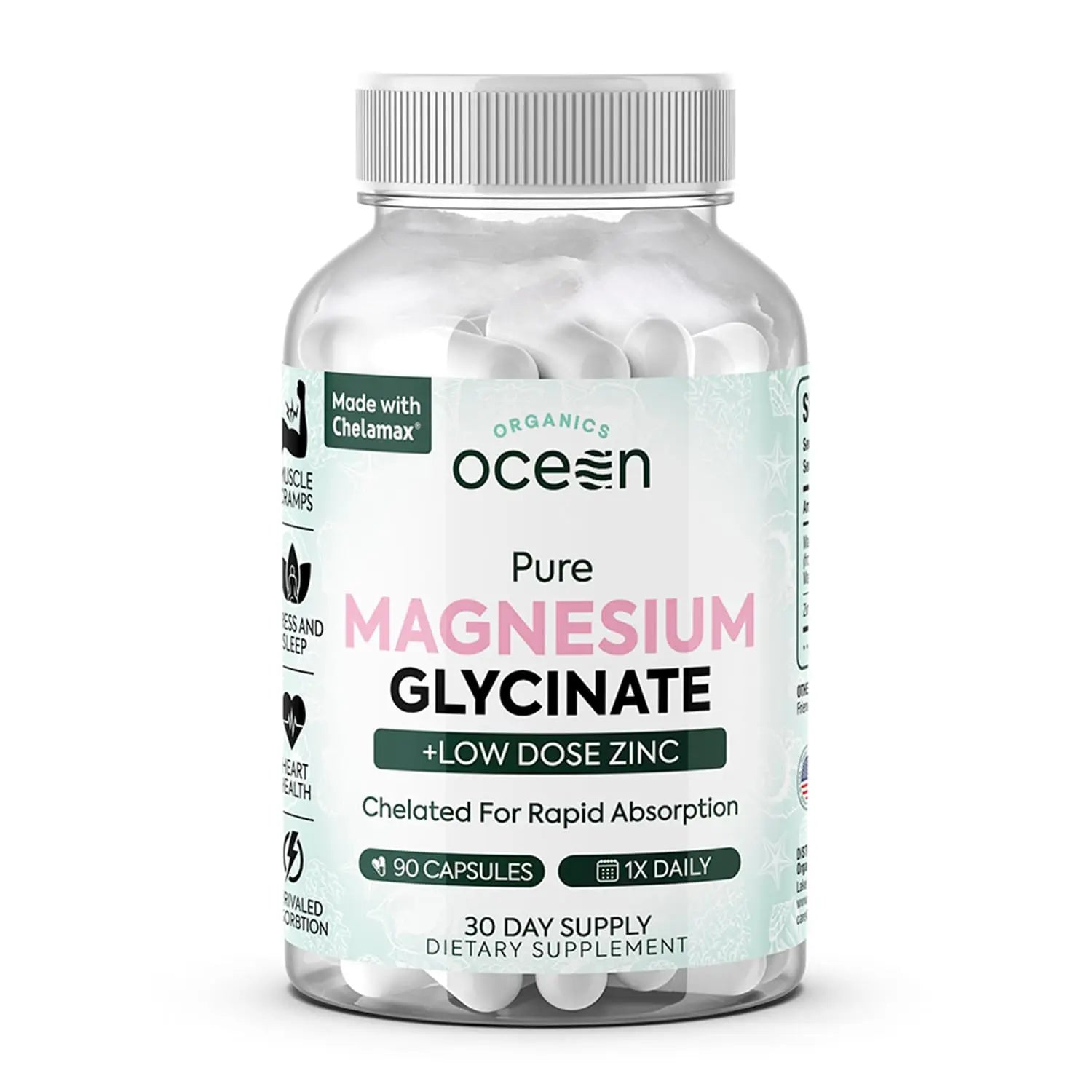 Supplement bottle labeled 'Ocean Organics' containing Magnesium Glycinate and Low Dose Zinc on a white background.